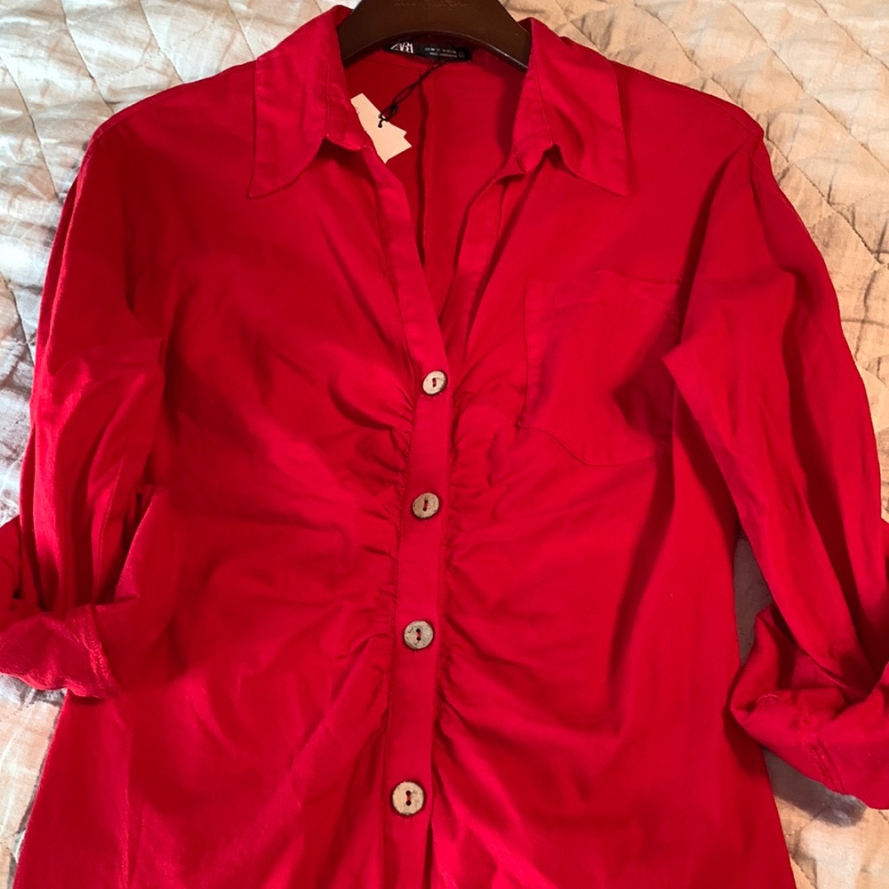 Zara linen blend button down dress with ruching, gorgeous shade of Red, NWT